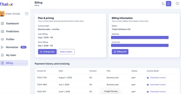 Thalox Suite billing info