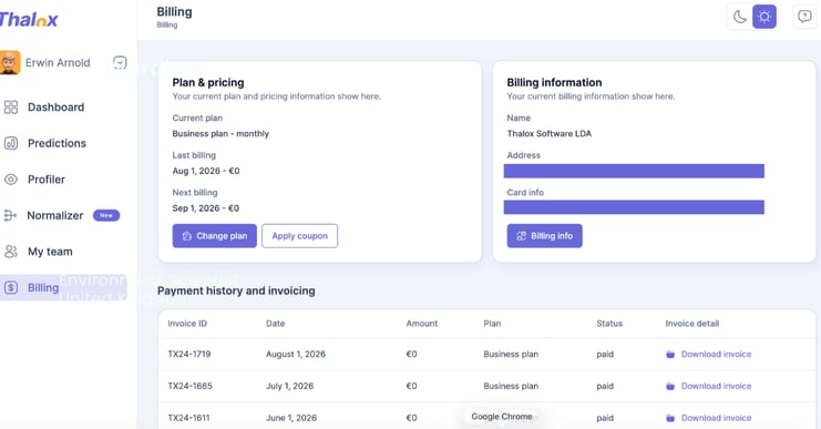 Thalox Suite billing info