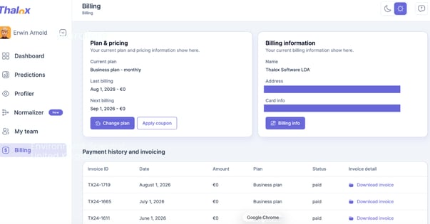 Thalox Suite billing info