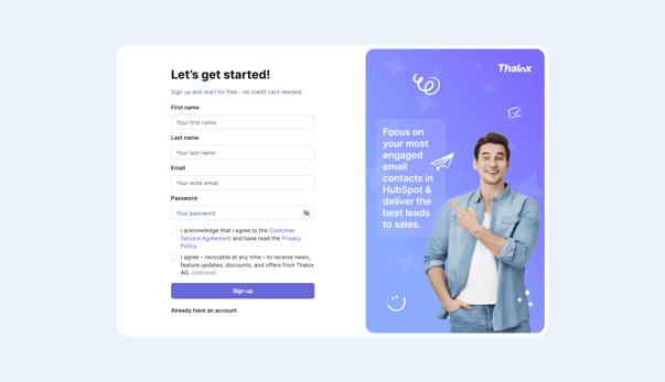 Create account landing page