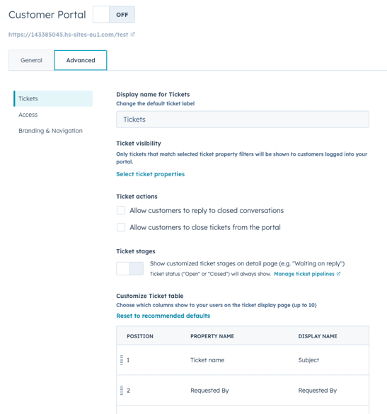 Customer Portal CRM - Advanced Settings